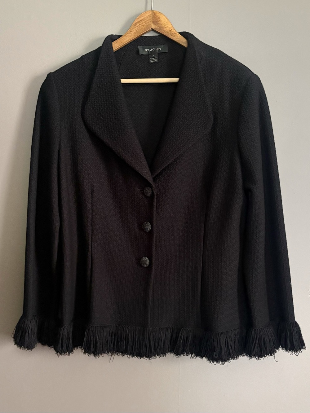 St. John Wool Blend Black Fringe Hem Blazer Size 12